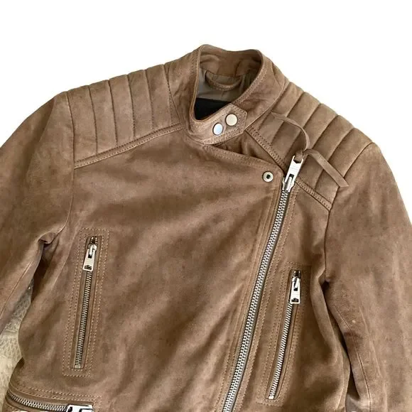 All Saints Biker Goat Leather Jacket Brown 4 Small Moto Motorcycle Distressed